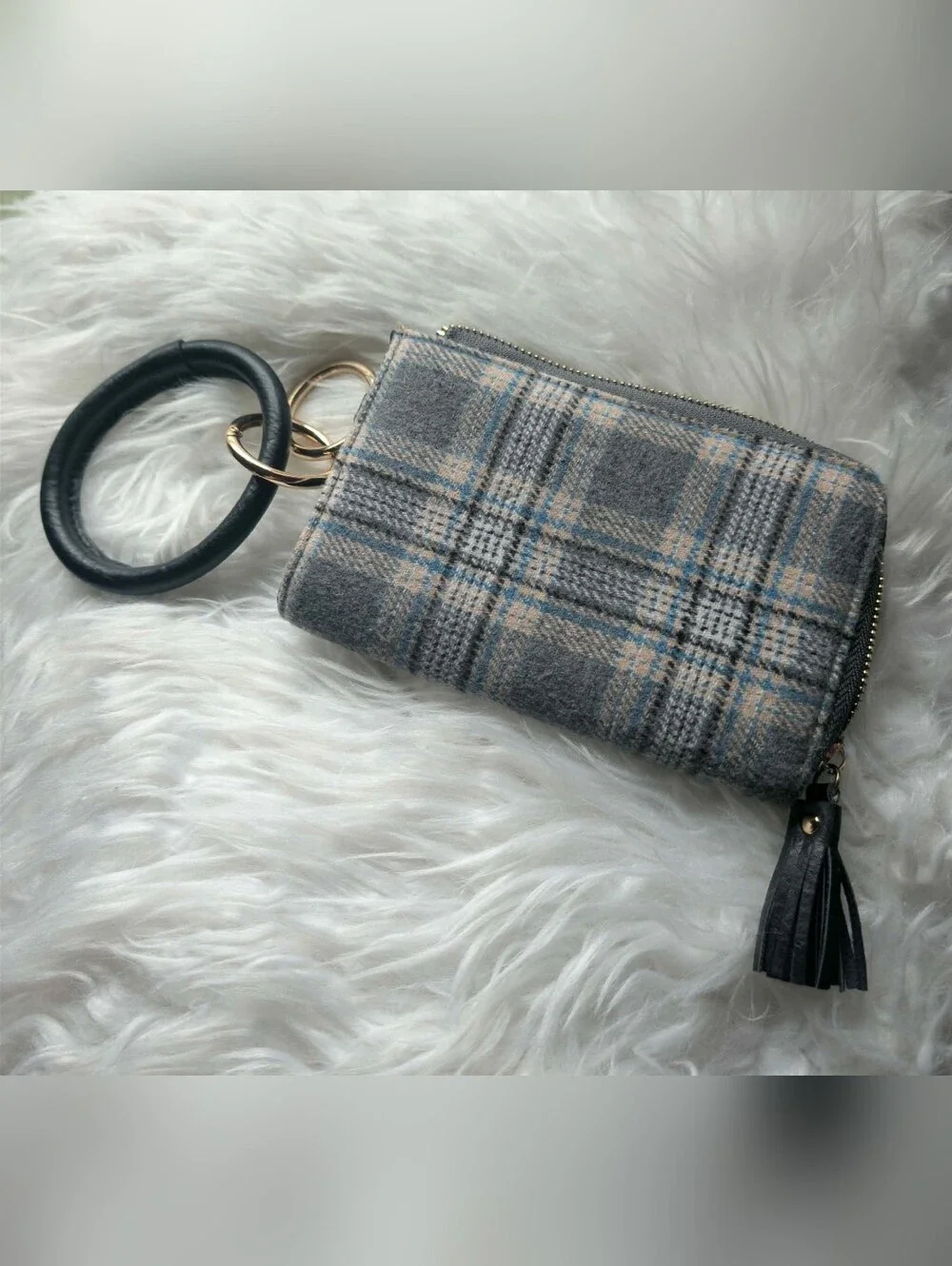 Nwot Plaid Gray Wristlet Keyring Wallet